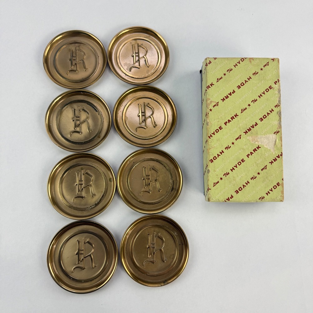 Vintage Hyde Park Brass Coasters Set of 8 Monogram R Old English Letter with Box